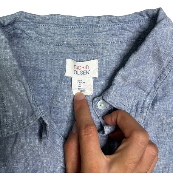 Sigrid Olsen Chambray Button Down Up Blouse Blue 100% Linen Casual Top Size L - Picture 4 of 12